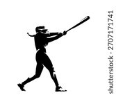 Softball player, isolated vector silhouette. Woman playing softball, female batter. Team sport athlete