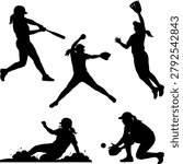 Softball player silhouettes in various game actions