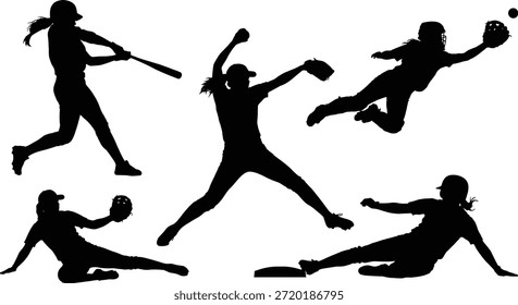 Softball-Spieler Silhouetten, Vektorgrafik, Sport-Action-Posen, schwarze Figuren auf weißem Hintergrund, athletische Bewegung Design, editierbare Clipart, Batting Pitching fangen, Schiebe-Feld, Spiel-Bewegung Grafiken