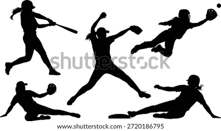 Softball player silhouettes vector illustration, sports action poses, black figures on white background, athletic movement design, editable clipart, batting pitching catching, sliding fielding, game motion graphics