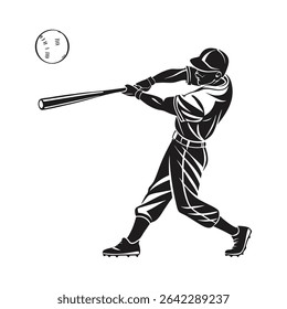 Softball Player, vector baseball silhouette white background, Vector illustration of a baseball player silhouette hitting the ball. summer sports, team game.