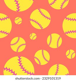 Softball seamless pattern. Yellow balls with red stitches. Endless vector illustration. Sport background, backdrop