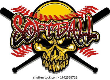 Softball Skull Team Design With Red Stitches And Crossed Bats For School, College Or League