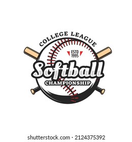 Softball sport icon of vector ball and crossed bats. Softball game team or championship league isolated symbol with pitcher, batter or hitter player sport equipment, bat and ball game sign