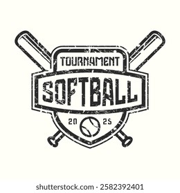 Softball tournament emblem with rough texture. Graphic design for t-shirt. Black print on white background