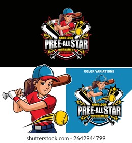 Softball tournament logo design. Girl softball mascot logo. Baseball logo event vector stock illustrations