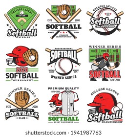 Softball tournament, sport game vector icons. Balls, bats and stadium play field, pitcher player helmet and scoreboard. Catcher glove, softball club sporting items emblems, winner series labels set