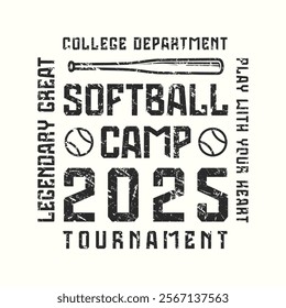 Softball tournament square typographic emblem with rough texture. Graphic design for t-shirt. Black print on white background