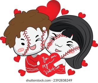 softball Valentine cartoon illustration, a cute softball Valentine couple Illustration with red hearts, illustration of love and valentine Day.