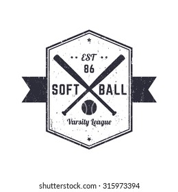 Softball vintage grunge emblem, logo, t-shirt design, print, vector illustration