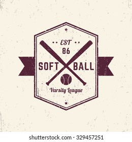 Softball vintage grunge emblem, logo, sign, t-shirt design, print, vector illustration