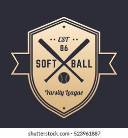 Softball vintage logo, badge, emblem design with crossed bats, gold on dark, vector illustration