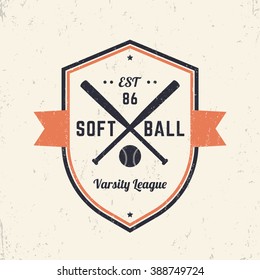 Softball vintage logo template, badge, t-shirt print, design, softball emblem, vector illustration