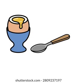 A soft-boiled egg in a blue cup with a spoon
