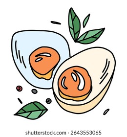 Soft-boiled egg halves with runny yolks in doodle style with herbs and spices