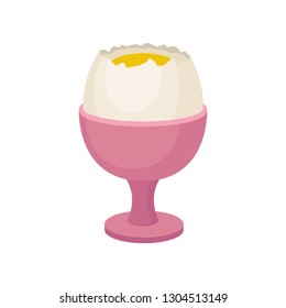 Soft-boiled egg with shell in pink cup. Classic food for breakfast. Tasty morning meal. Flat vector design