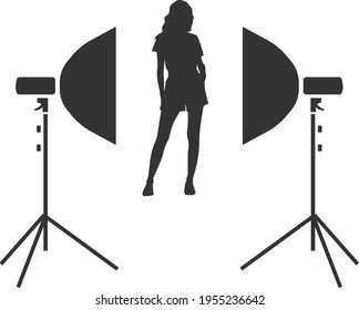 The softbox icon and the model of the girl to shoot. The softbox image for the studio is designed for designing and developing websites and applications. Vector illustration isolated on a white backgr