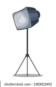 Softbox on tripod flat vector illustration. Light projector isolated drawing. Professional photography shooting, video filming equipment. Theatre scene, movie, tv spotlight design element