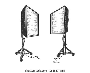Softbox photographic lighting device sketch engraving vector illustration. T-shirt apparel print design. Scratch board imitation. Black and white hand drawn image.