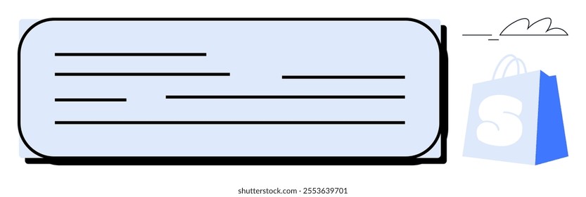 Soft-colored banner with text lines on a rounded rectangle and a blue shopping bag with an S icon. Ideal for e-commerce sites, online stores, digital marketing, promotions, and sales events. Simple
