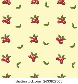 Soft-colored repeating cranberry and leaf design on beige background, great for rustic-themed packaging, textiles, or crafts.
