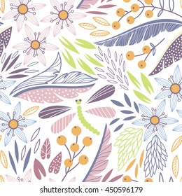 Soft-colored romantic seamless vector floral pattern with dragonflies
