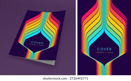 Diseño de libro de tapa blanda. La curva de las líneas coloreadas crea un marco en el centro. Espacio para texto. Estilo retro de los años 70 o 80. Cintas dinámicas. Plantilla de diseño de la cubierta. Ilustración vectorial.