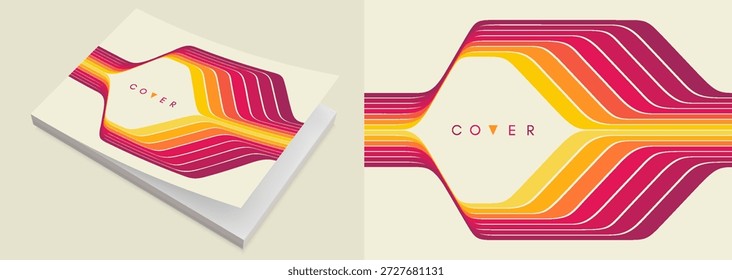 Diseño de libro de tapa blanda. La curva de las líneas coloreadas crea un marco en el centro. Espacio para texto. Estilo retro de los años 70 o 80. Cintas dinámicas. Plantilla de diseño de la cubierta. Ilustración vectorial.