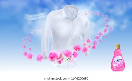 Softener, long lasting fragrance. Use a white shirt on a blue sky background surrounded by pink flowers, reflecting the soft fragrance. Realistic vector file.