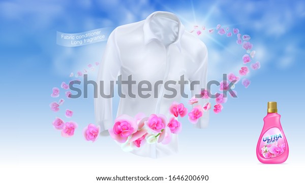 Softener, long lasting fragrance.\
Use a white shirt on a blue sky background surrounded by pink\
flowers, reflecting the soft fragrance. Realistic vector\
file.