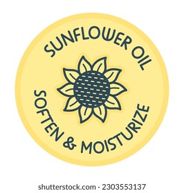 Softening and moisturising product for skincare and treatment. Isolated icon of sunflower oil with flower. Promotional banner, logotype or label for package, rounded logo. Vector in flat style