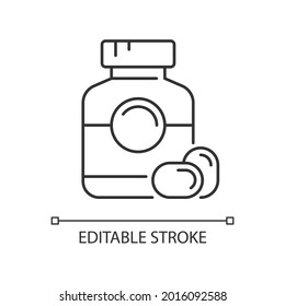 Softgel linear icon. Oral dosage medicine. Soft gelatin capsules. Omega three fish oil. Thin line customizable illustration. Contour symbol. Vector isolated outline drawing. Editable stroke