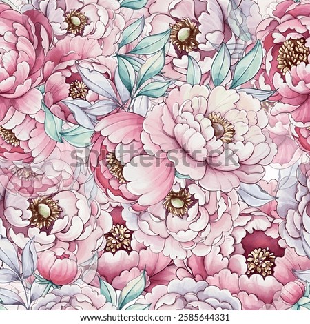 Softly blended hues of pink and lavender give life to an array of peonies, showcasing their elegance and the tranquility of natures bounty seamless pattern, background