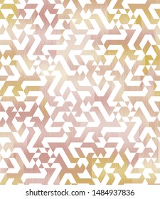 Softly boho textured seamless geometric repeat vector pattern in gold ochre and blush pink.  White triangle tile shapes mixed with a textured background in a tribal ethnic style.  Kilim like mosaic.