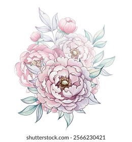 Softly colored peonies bloom gracefully with lush green leaves, radiating a serene beauty in watercolor art that evokes tranquility