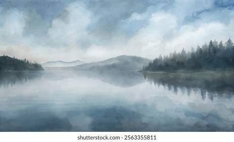 Softly colored watercolor scene of a tranquil lake surrounded by misty hills and evergreen trees.