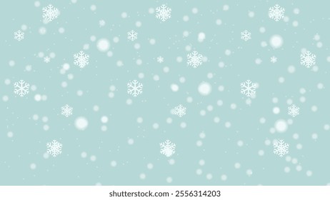 Softly falling snow has a light blue background with lots of white snow falling in drops and scattered snowflakes. Perfect for a winter or Christmas theme.