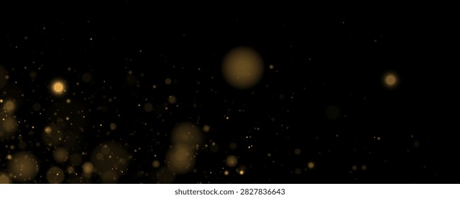 Softly glowing golden particles scattered across a black background creating a dreamy bokeh effect on transparent background