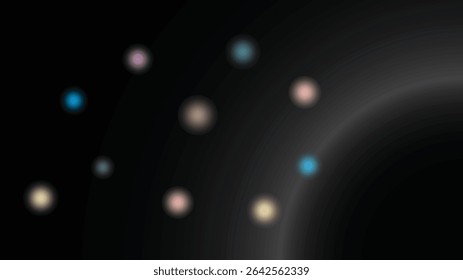 Softly glowing orbs of pastel colors, scattered across a dark, almost black background. The orbs vary in size and hue.