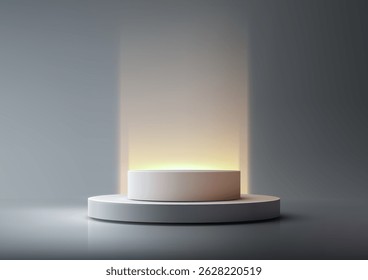 Podium branco cilíndrico 3D suavemente iluminado em uma base circular contra um fundo cinza gradiente, feixe de luz brilhante para mockup minimalista da exposição do produto moderno ou conceito elegante da vitrine