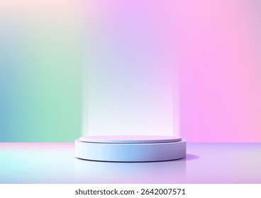 softly lit pastel dreamscape featuring 3D round blue purple podium on a reflective surface with a soothing lavender mint rose gradient, product mockups or modern showcase presentations
