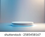 softly lit white cylindrical pedestal stands in a spotlight against a gradient blue and gray backdrop, showcasing products in a minimalist and modern style, technology concepts or creative displays