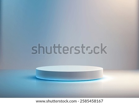 softly lit white cylindrical pedestal stands in a spotlight against a gradient blue and gray backdrop, showcasing products in a minimalist and modern style, technology concepts or creative displays