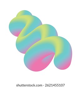 Forma abstrata tridimensional, suavemente fundida, semelhante a um tubo ou mola enrolada, que muda de cor de amarelo claro para rosa. Ele flutua sobre um fundo branco.