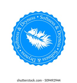 Softness and dryness icon. White feather and thin letters, isolated on blue background. Sign for diapers, sanitary napkins, clothing, bed linen