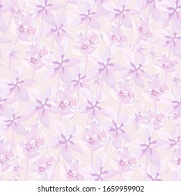 Diseño suave de vector floral púrpura sin fisuras. Muchas flores abstractas rosas sobre fondo rosado. Plantilla de primavera o verano para diseño, textil, papel pintado, cerámica.