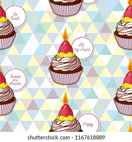 soft-serve cream, cup cakes, Seamless pattern, background,  candle vector, illustration-vanilla color