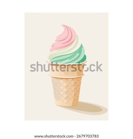 Soft-serve ice cream cone with three swirled flavors of pink, green, and mint on a simple background