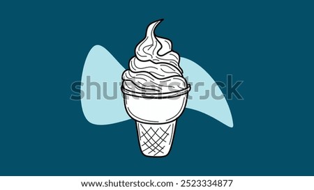 a soft-serve ice cream cone with a waffle cup on a solid teal background, showcasing the enticing swirls of the ice cream.