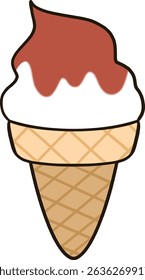 Soft-serve ice cream with red sauce on top of an ice cream cone